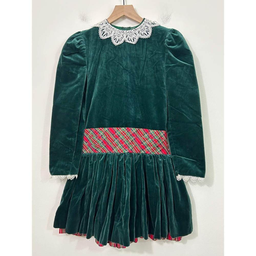 VTG Raul Blanco Girls Dress Victorian Cottagecore Green Velvet Lace Sash Size 10